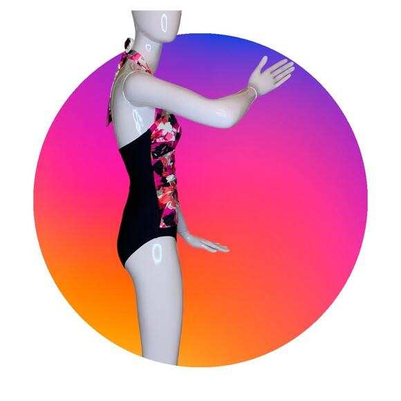 Aqua Green One Piece Swimsuit Padded Floral Pink Print Black bottom Small Halter - Picture 8 of 13